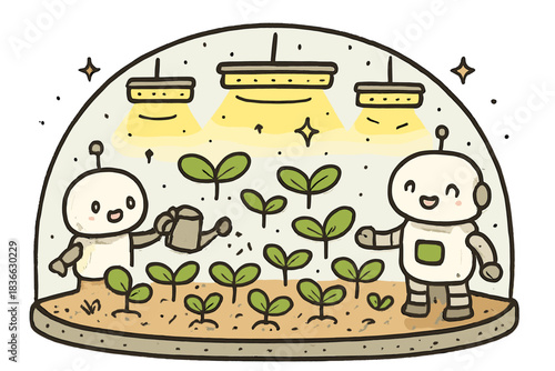 Robots Nurturing Space Sprouts. Adorable doodle scene of cheerful green sprouts growing inside a space habitat with happy robots
