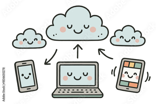Cloud Data Doodles. Cute doodle infographic-style artwork of cloud data visualization — upload, sync, organize — with joyful