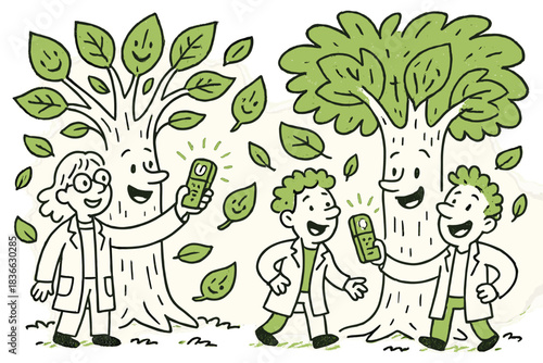 Whimsical Tree Recording. Fun doodle illustration of happy researchers collecting wisdom from talking trees using magical