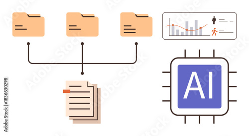 Folders linked to documents, AI processor, and data analysis charts represent file organization, automation, and analytics. Ideal for technology, automation, data processing, business strategy