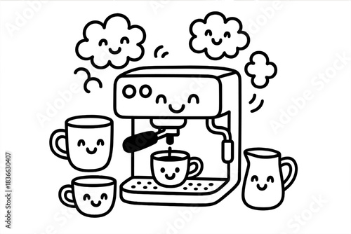 Cheerful Espresso Scene. Doodle-style vector art showing happy espresso machine surrounded by cups, milk frother, and cheerful