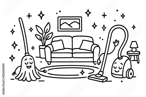 Cleaning Characters Dance. Doodle vector composition of cozy living room being cleaned by joyful mop and vacuum characters, with
