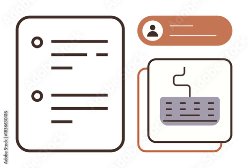 File format representation with text layout, user profile section, and keyboard symbol. Ideal for productivity, organization, technology, communication, workflow, data entry and record-keeping