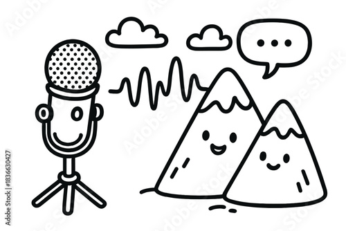 Chatty Mountain Microphone. Doodle-style vector composition of tripod microphone, echo graph, and mountains chatting with cute