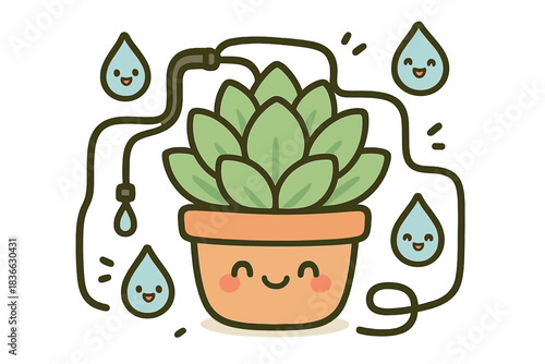 Smiling Succulent Scene. Cute doodle vector of smiling succulent surrounded by playful drip irrigation tubes and raindrop