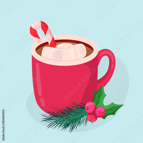 Hot chocolate in red mug with marshmallows and candy cane decoration