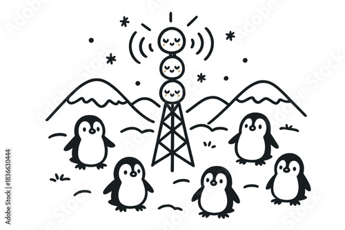 Penguins and Tower. Doodle-style vector art showing communication tower with cute blinking lights, surrounded by penguins and
