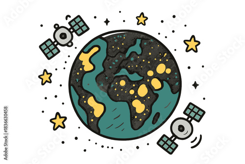 Charming City Globe. Charming doodle vector of globe showing bright city zones and dark sky areas, surrounded by cute satellites