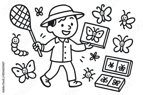 Joyful Entomologist Adventure. Doodle-style vector of entomologist character studying butterflies with joyful nets, specimen boxes
