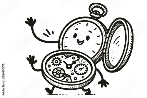 Animated Pocket Watch. Playful doodle vector of antique pocket watch character opening to reveal cute ticking inner parts, No text