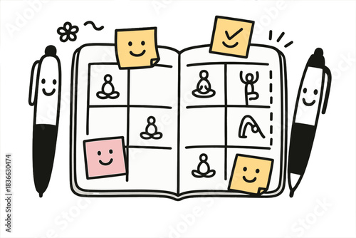 Colorful Planner Doodles. Playful doodle vector of planner notebook with smiling pens, sticky notes, and yoga icons marking weekly