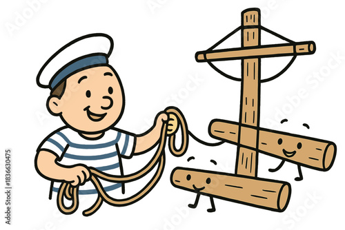 Sailor Teaches Ship Parts. Cute doodle vector of happy sailor teaching ropes to adorable ship parts—mast, boom, and yard—smiling
