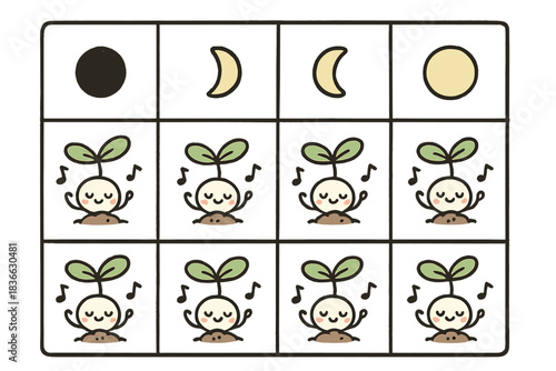 Gardening Moon Dance. Cute doodle vector of gardening calendar showing moon icons and sprouting seedlings dancing in sync, No text
