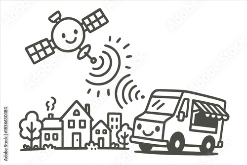 Satellite and Food Truck. Doodle-style vector art of smiling satellite and food truck exchanging glowing GPS signals over a