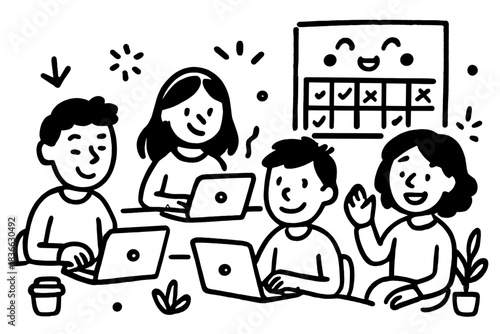 Joyful Shared Workspace. Charming doodle vector of shared workspace scene with smiling people, open laptops, and a joyful booking