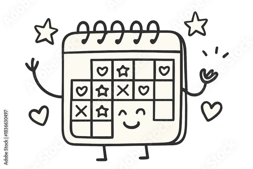 Digital Detox Progress. Charming doodle vector of friendly calendar showing digital detox progress with stars and hearts