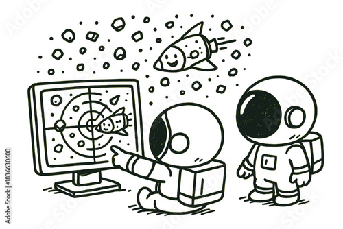 Astronauts Navigating Space Debris. Adorable doodle astronauts monitoring radar maps filled with floating debris icons and happy