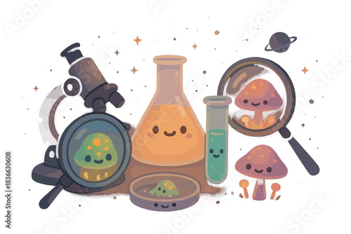 Interstellar Biology Hub. Cute interstellar biology hub with smiling lab equipment, alien spores under magnifying glasses, and