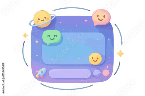 Celestial Message Composer. Cute interstellar message composer filled with smiling icons, orbiting text bubbles, and soft glowing