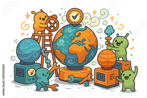 Cosmic Calibration Celebration. Playful cosmic engineering bay where tiny creatures calibrate planetary air machines and celebrate