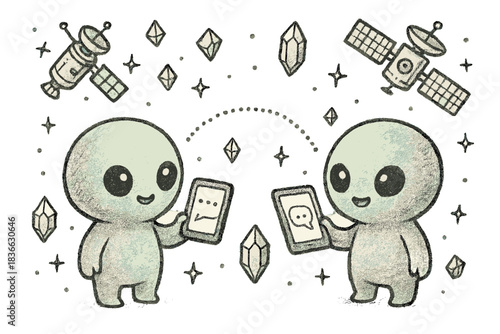 Alien Data Exchange. Cute alien researchers exchanging messages through neutrino beams, surrounded by doodle satellites and data
