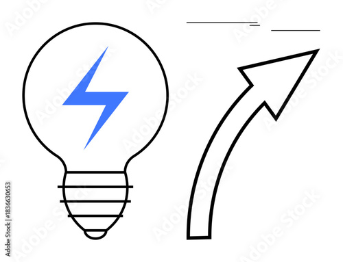 Lightbulb with blue bolt symbolizing energy and ideas next to upward arrow depicting growth. Ideal for innovation, creativity, progress, solutions, energy, success, simple flat metaphor