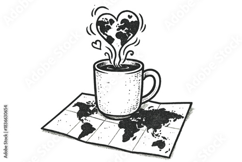 Steaming Heart Map. Whimsical doodle steaming mug placed on a folded world map, tiny continents forming heart shapes in the steam,
