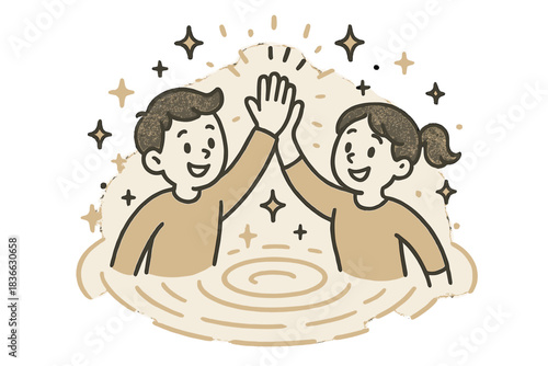 Starry High-Five Ripple. Charming doodle high-five creating a circular ripple of light and stars, joyful teamwork and positive