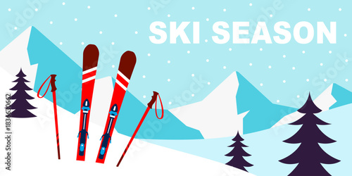Ski Season vector illustration. Mountain landscape with skiing equipment.