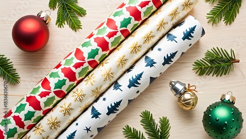 Festive christmas wrapping paper rolls with ornaments and pine needles