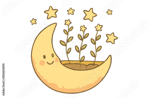 Celestial Moon Planter. Friendly doodle moon planter with tiny plants reaching toward floating stars, cozy celestial garden, No