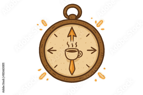 Coffee Compass Adventure. Cute doodle compass pointing toward a tiny steaming coffee cup instead of north, cozy adventure energy