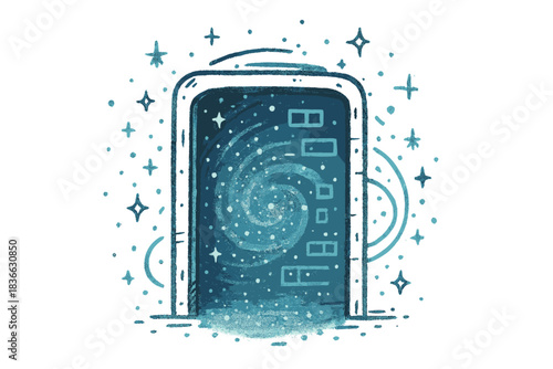 Portal to Another World. Charming doodle digital portal opening into another space, swirling light particles revealing a parallel