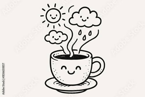 Weather-Inspired Drink Steam. Charming doodle steaming drink with a mini weather forecast appearing in the steam—sun, clouds, and