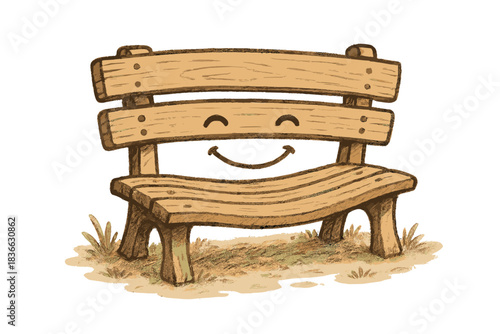 Welcoming Smile Bench. Friendly doodle bench curving into a gentle smile, welcoming visitors with a warm and cozy park mood, No