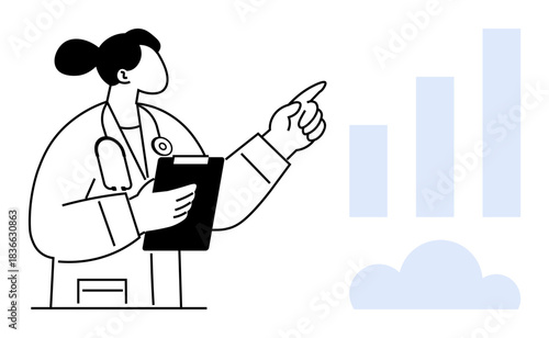 Healthcare data analysis. Female doctor evaluating bar chart data trends. Healthcare integrates analytics for better decisions. For medical statistics, progress tracking, technology use