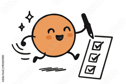 Joyful Checklist Bounce. Cute doodle bouncing ball happily checking off boxes on a checklist, motion lines and sparkles showing