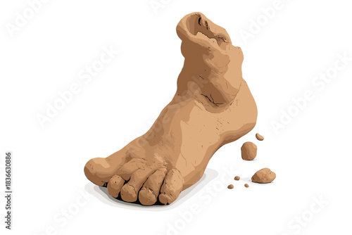 Clay Foot Awakens. Whimsical doodle clay foot taking its first careful step, tiny bits of clay falling off as life awakens within