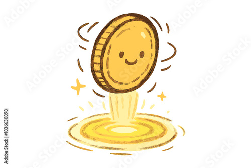 Spinning Coin Portal. Cute doodle coin spinning in mid-air, rippling light around it as it opens a tiny glowing portal beneath, No