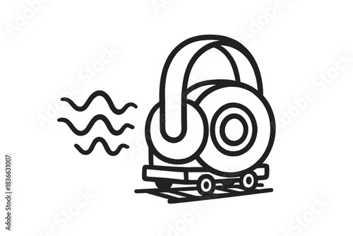 Musical Train Car. Cute doodle train car shaped like a headphone driver, sound waves trailing behind it like music on tracks, No