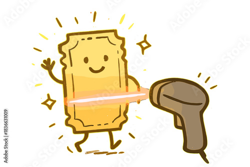 Glowing Ticket Sync. Friendly doodle ticket glowing as it syncs with a scanner beam, joyful tech-travel connection, No text, No
