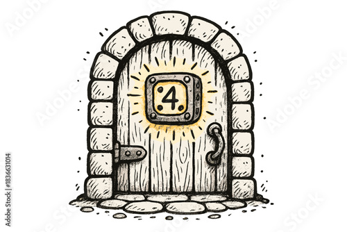 Mystical Dice Doorway. Whimsical doodle dungeon door whose lock is a glowing dice roll display, numbers spinning with suspenseful