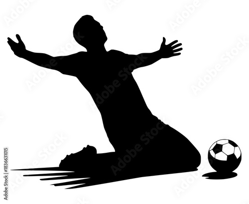 Dynamic vector silhouette of a male soccer player celebrating a triumphant goal, kneeling with arms outstretched in pure joy and victory on the field