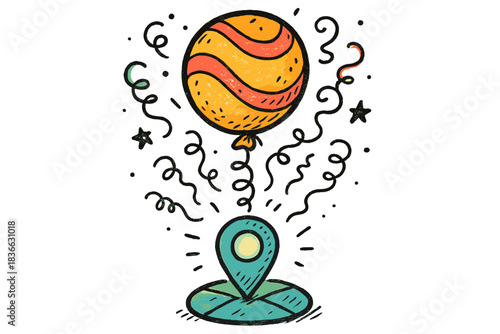 Whimsical Balloon Adventure. Whimsical doodle balloon floating above a glowing map location pin, playful strings and