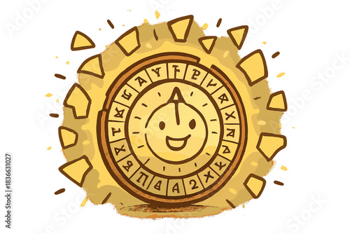 Radiant Cipher Disk. Friendly doodle cipher disk surrounded by glowing fragments forming a complete picture, joyful realization