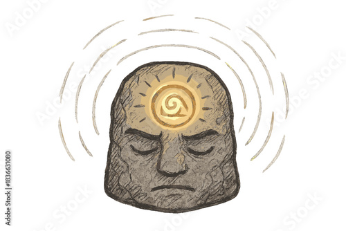 Enchanted Sigil Stone. Whimsical doodle stone forehead with a carved glowing sigil, faint light pulsing outward in rhythmic waves,