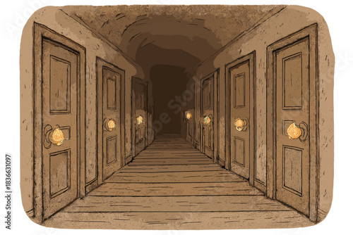 Glowing Door Knobs. Cute doodle hallway lined with doors, each knob shaped like a unique glowing symbol, mysterious yet inviting