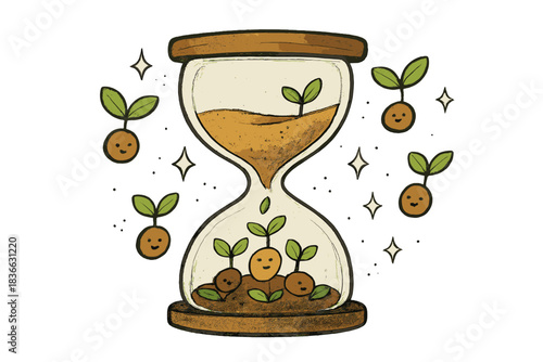 Whimsical Seedling Hourglass. An hourglass with sand turning into tiny sprouting seeds as it falls, smiling seedlings and doodle