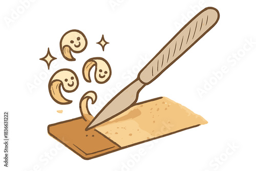 Joyful Varnish Removal. A scalpel delicately removing discolored varnish, tiny happy shavings curling away with cheerful sparkles,