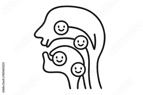 Smiling Tongue Diagram. A tongue position diagram with smiling tongue icons pointing to different articulation spots, friendly and